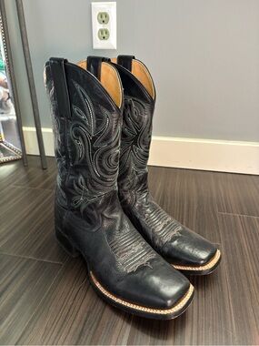 Roper Black Leather Western Cowboy Boots with Teal Stitching
